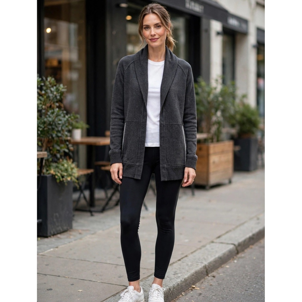 Lululemon Blissful Zen Cardigan Charcoal Gray Fleece Shawl Collar Wrap Size 4